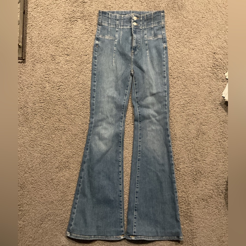 NWOT We The Free, Free People Blue Denim Flare Bellbottoms Jeans Hippie sz 26